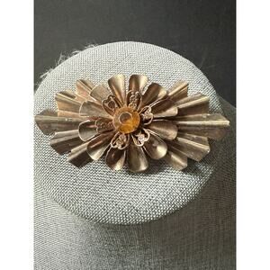 Vintage Gold Tone Oval Fluted Brooch Asymmetrical 3D Rhinestone Retro MCM Modern